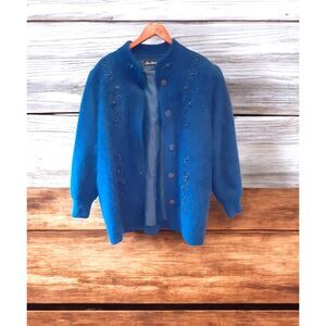 Vintage Lee Sands Womens Angora Rabbit Cardigan Jacket Blue One Size Plus
